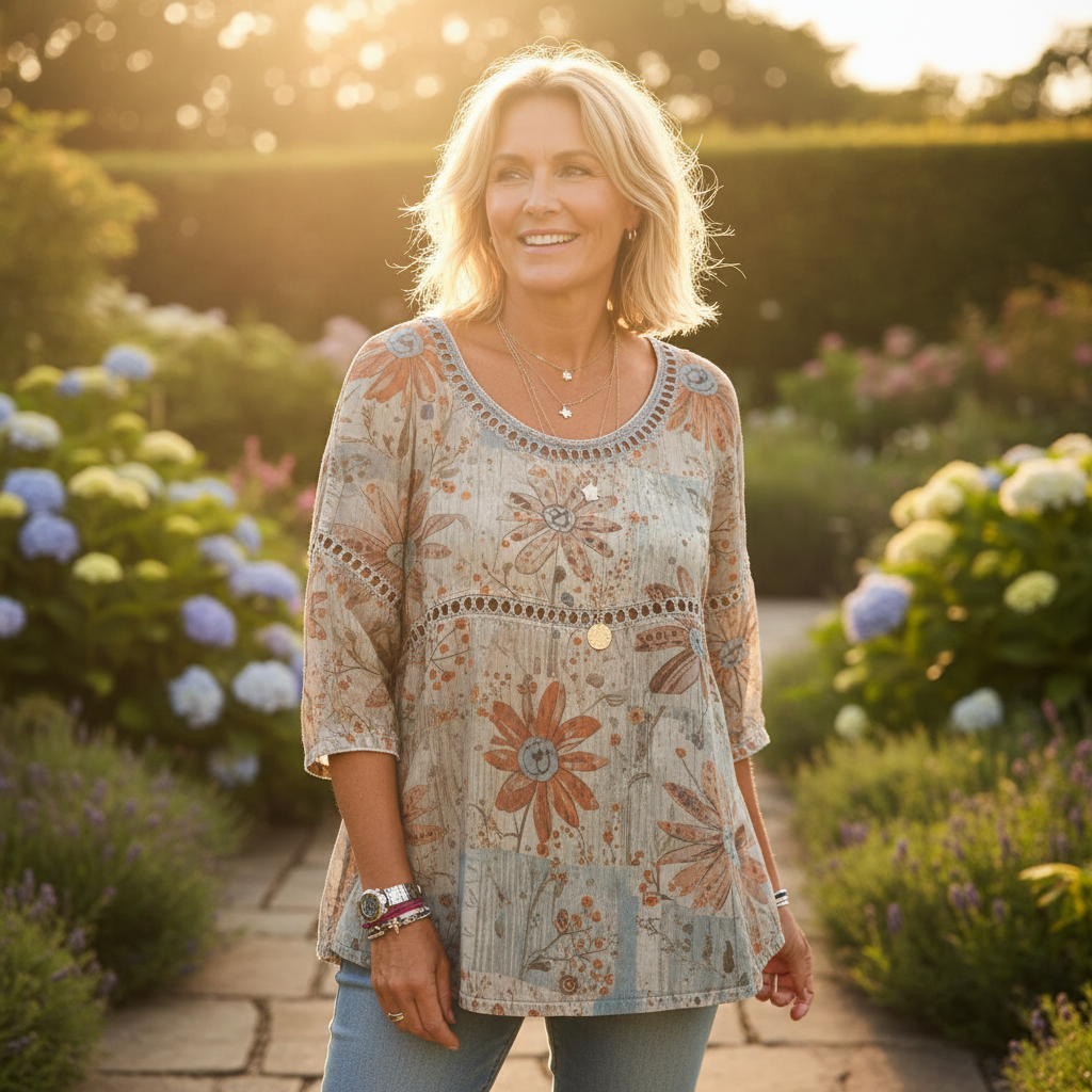 Khaki boho floral hollow-out round neck top - garden golden hour