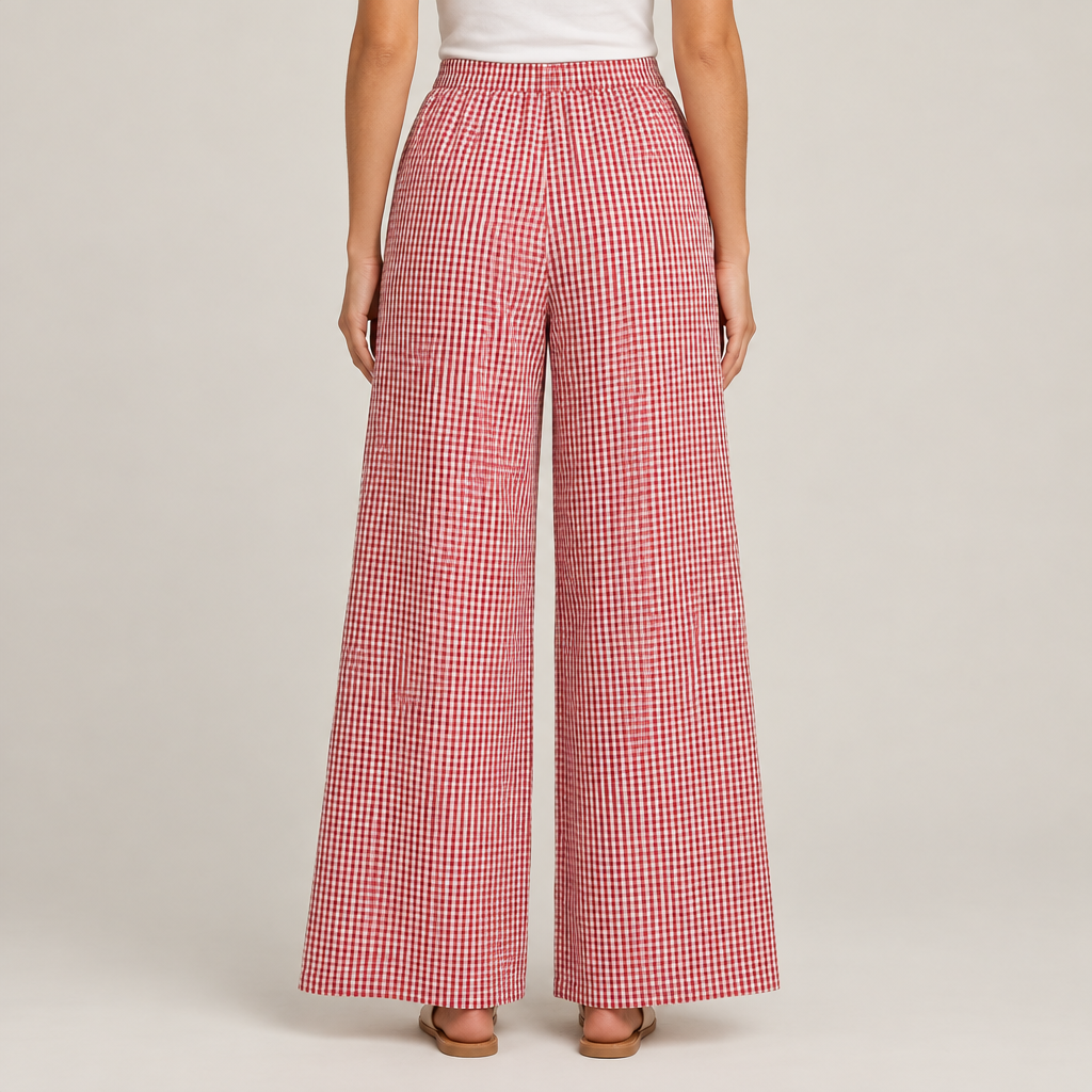 Red gingham wide-leg pants, back