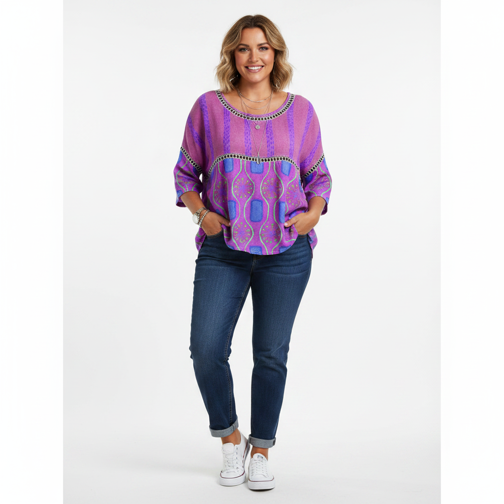 Purple boho floral hollow-out round neck top