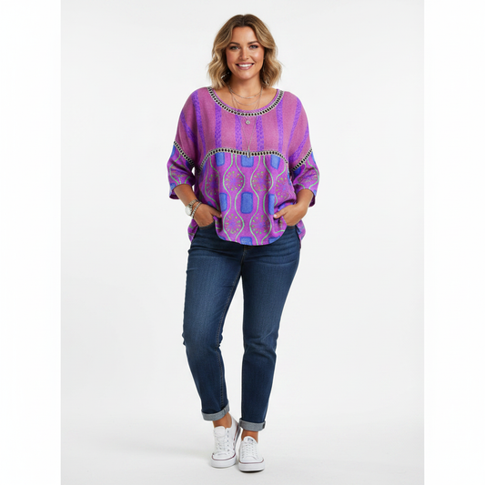 Purple boho floral hollow-out round neck top