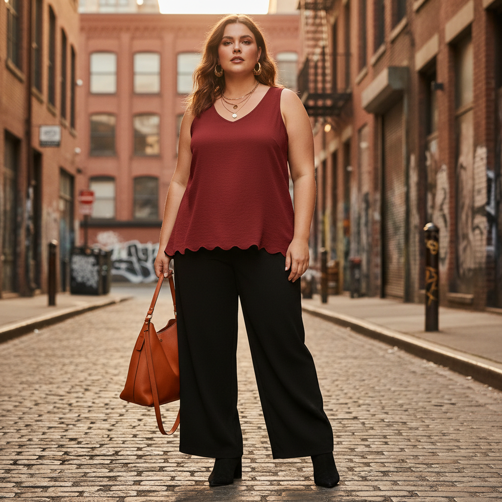 Wine Red Scalloped Hem Tank - Street Style