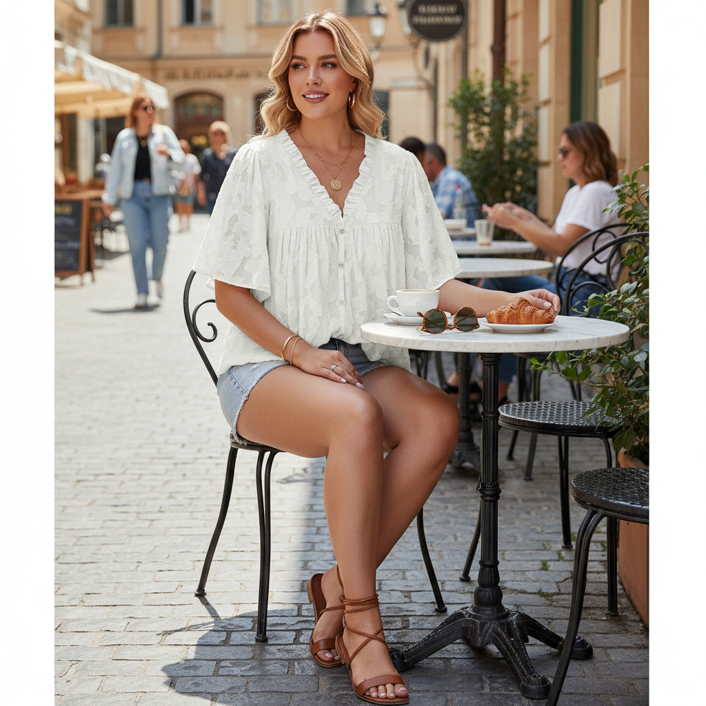 White textured V-neck button-down shirt - cafe lifestyle