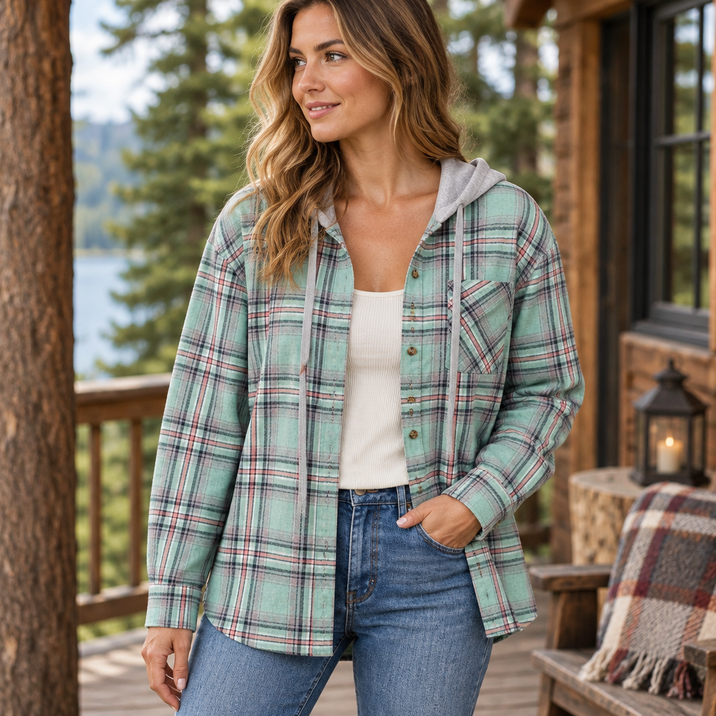 Green plaid button-up hooded shirt styled outdoors