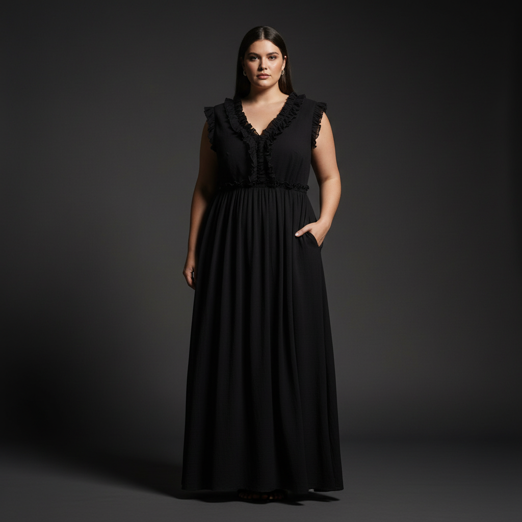 Black Ruffled V-Neck Maxi Dress - Product Shot