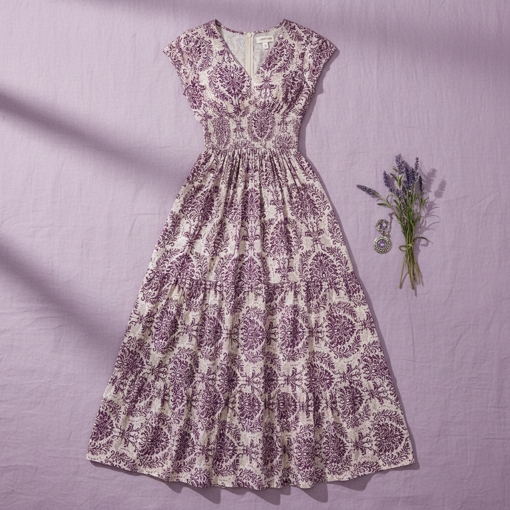 Purple Flower Printed Cap Sleeve Maxi Dress - Flat Lay