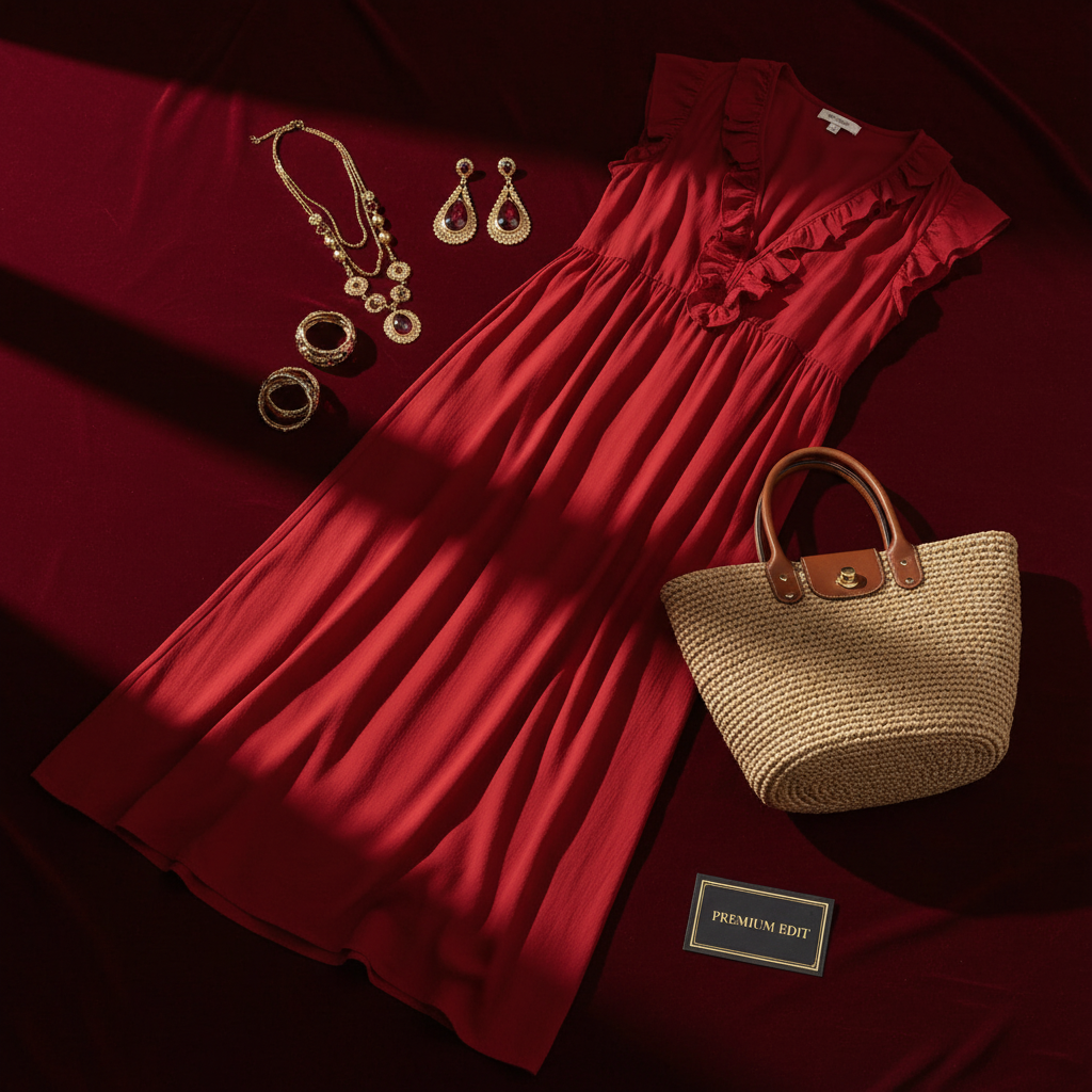 Red Ruffled V-Neck Maxi Dress - Flat Lay