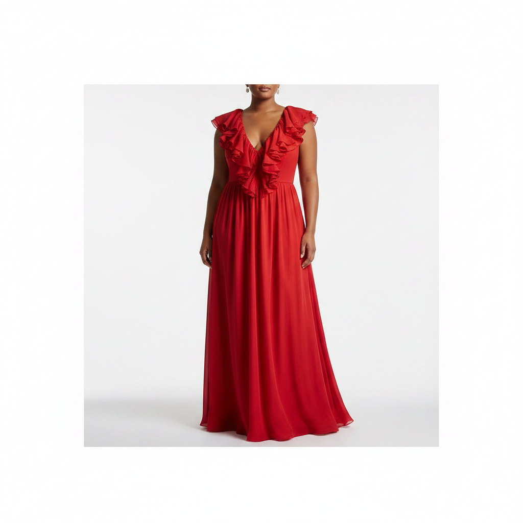 Red Ruffled V-Neck Maxi Dress - Product Shot
