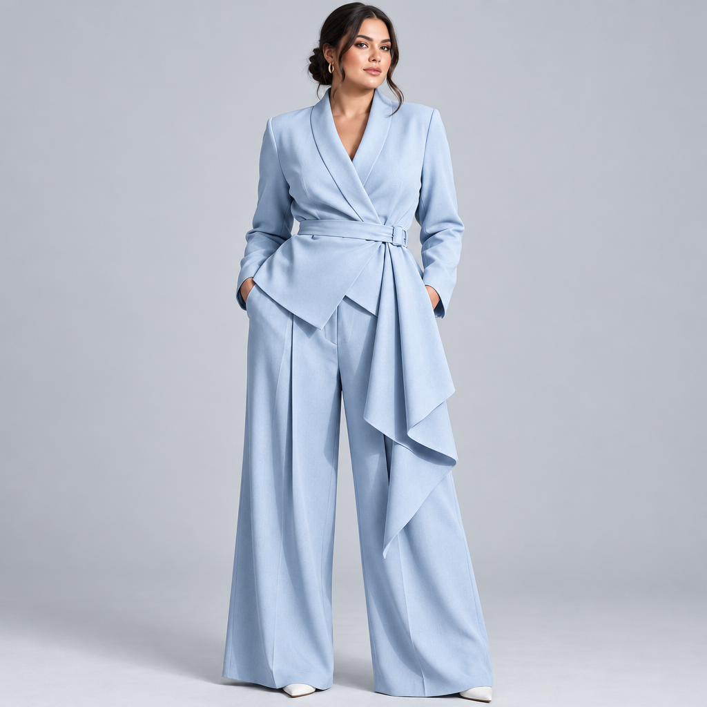 Plus-size light blue belted blazer and wide-leg pants set in a studio front view