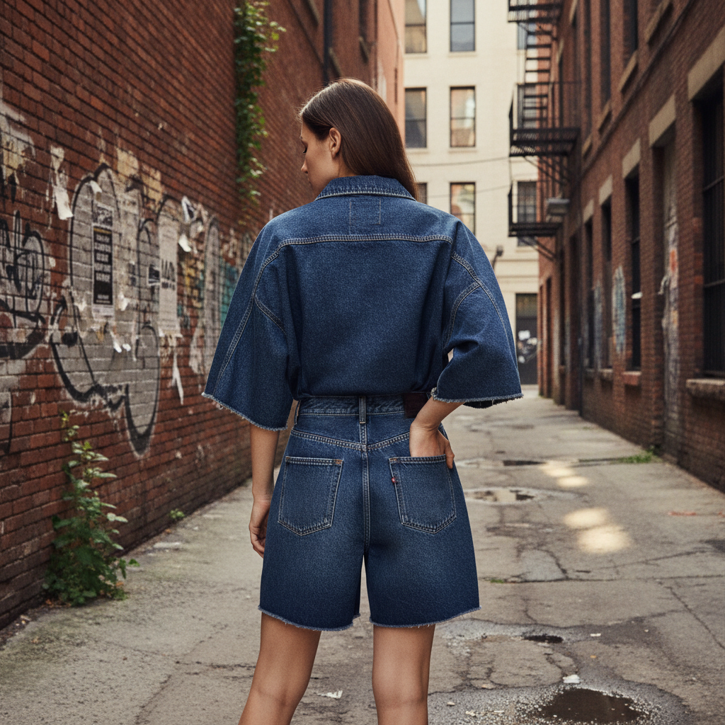 Dark blue - back view brick wall