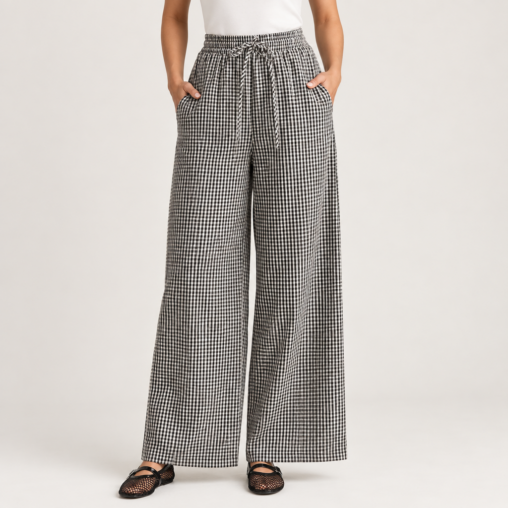 Black gingham wide-leg pants, front