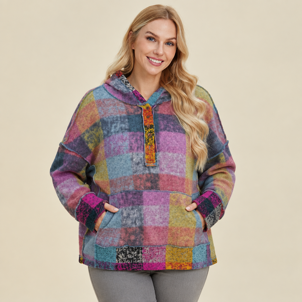 Heliotrope purple plaid dropped-shoulder fleece hoodie, front