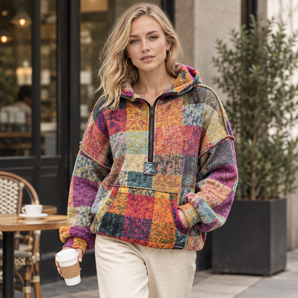 Tangerine half-zip fleece hoodie, cafe