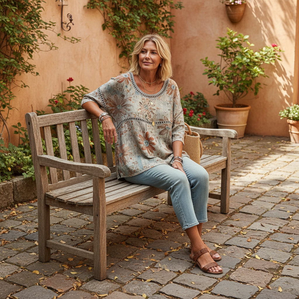 Khaki boho floral hollow-out round neck top - courtyard bench