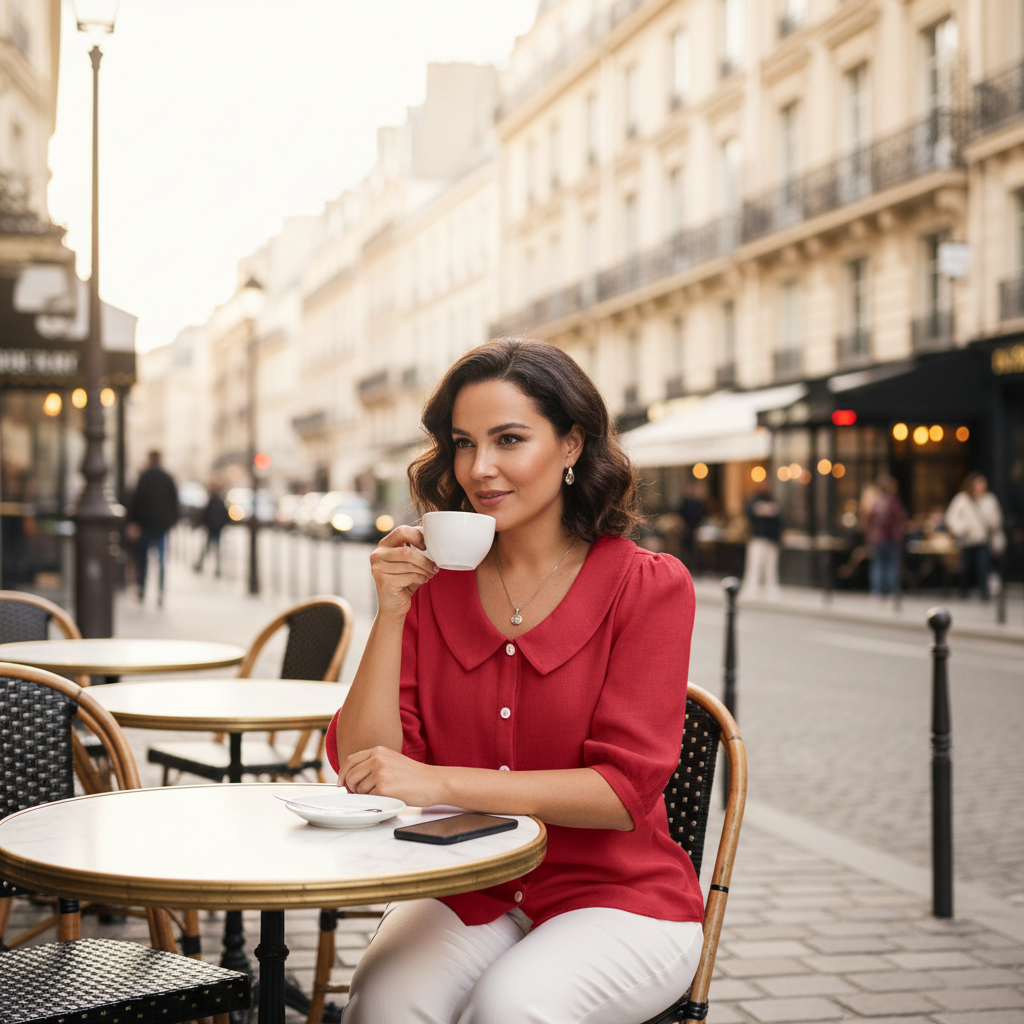 Red Peter Pan collar shirt - Parisian cafe lifestyle