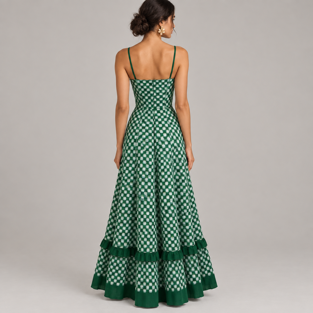 Green checkered spaghetti strap maxi dress shown from the back
