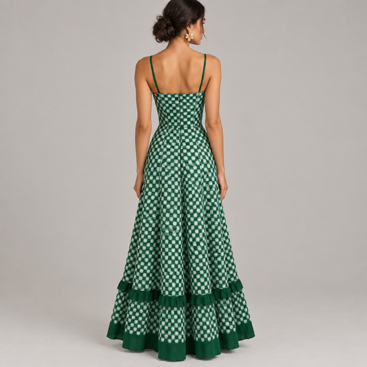 Green checkered spaghetti strap maxi dress shown from the back