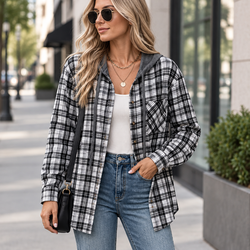 Black plaid button-up hooded shirt styled downtown