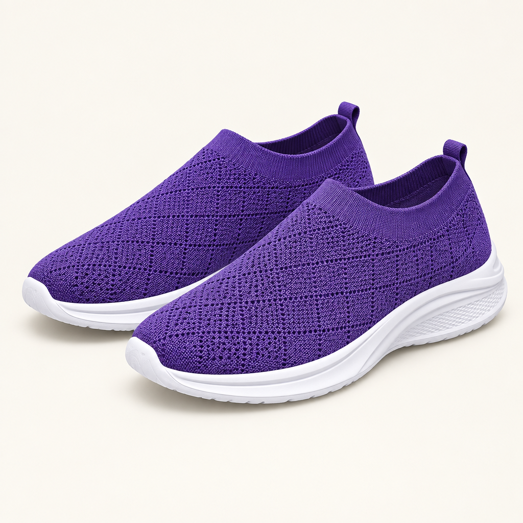 Purple breathable mesh round toe shoes, studio view