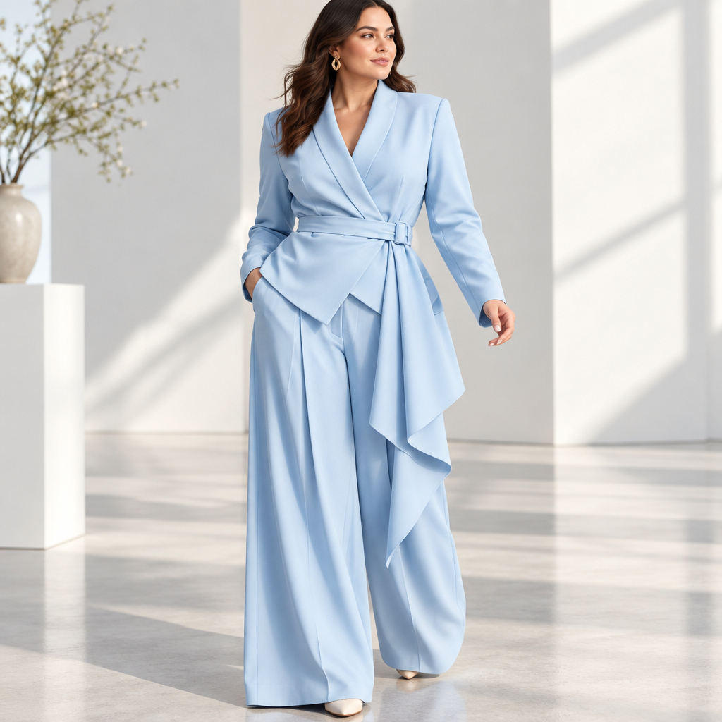 Plus-size light blue belted blazer and wide-leg pants set styled in a modern gallery