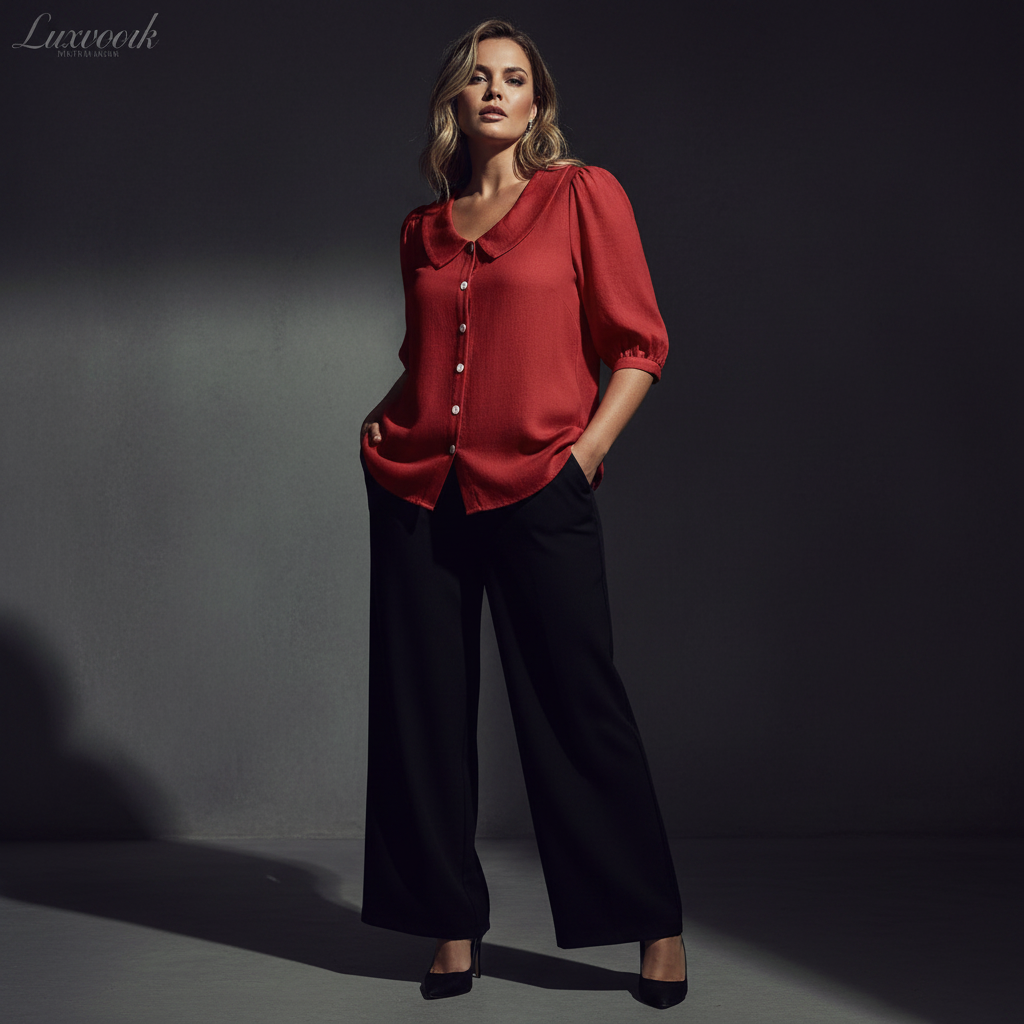 Red Peter Pan collar shirt - moody dark studio
