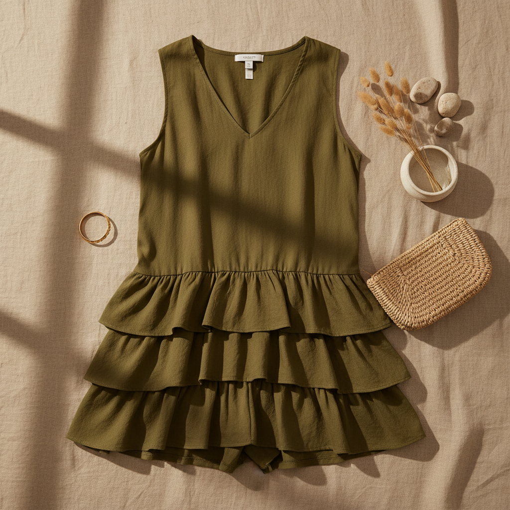 Khaki Ruffled Hem V-Neck Sleeveless Dress - Flat Lay