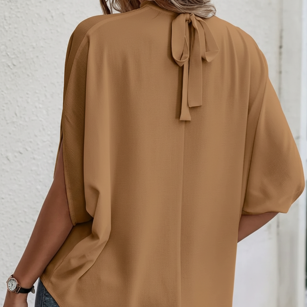 Camel Tie Back Slit Half Sleeve Blouse - Detail