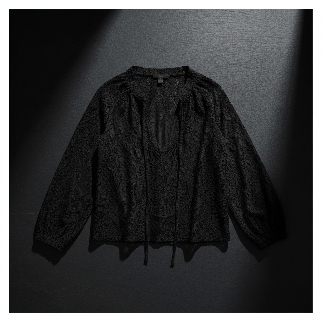 Black Lace Tie-Neck Blouse - Flat Lay