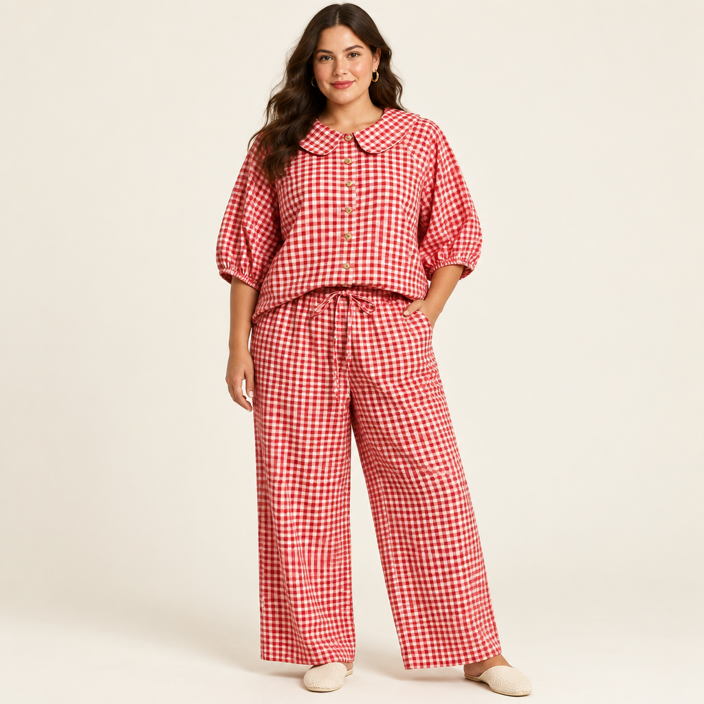 Red plaid button-up shirt and matching pants set in a studio view