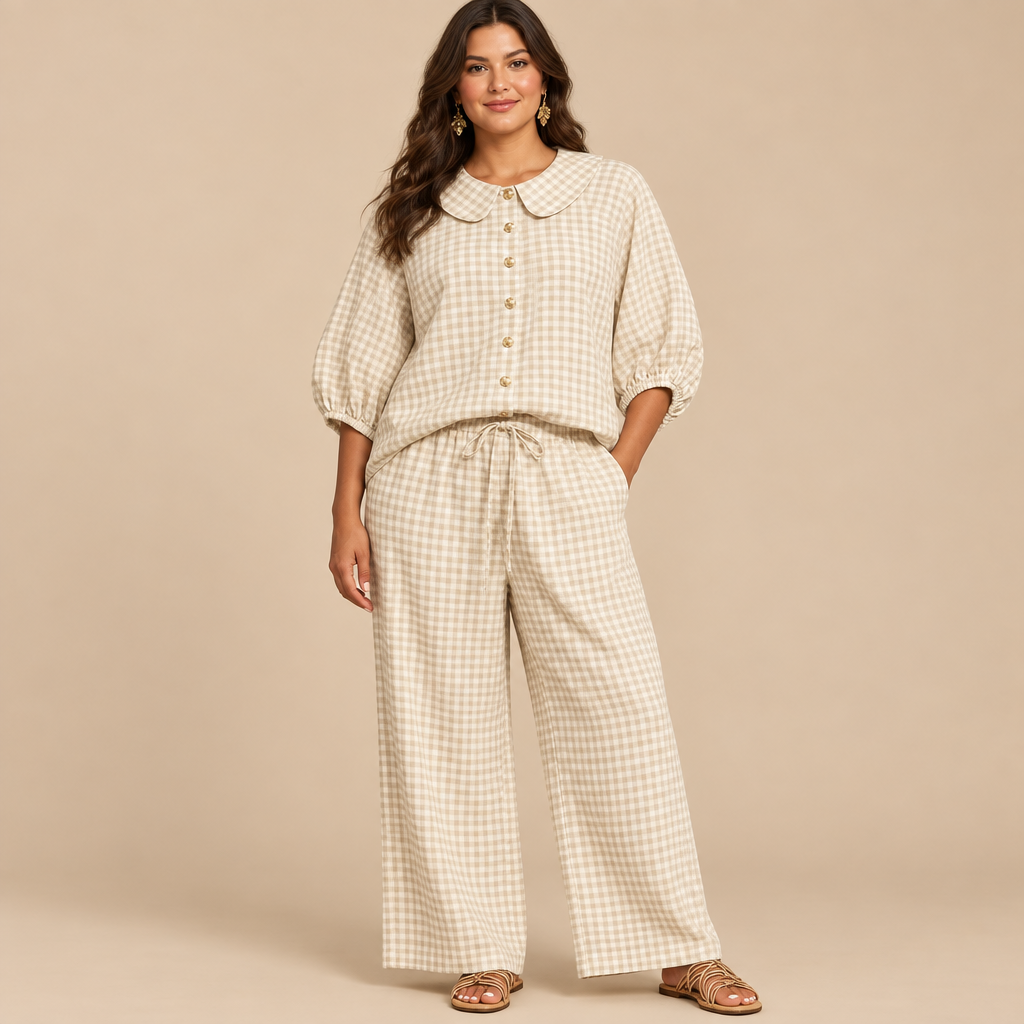 Khaki plaid button-up shirt and matching pants set in a studio view