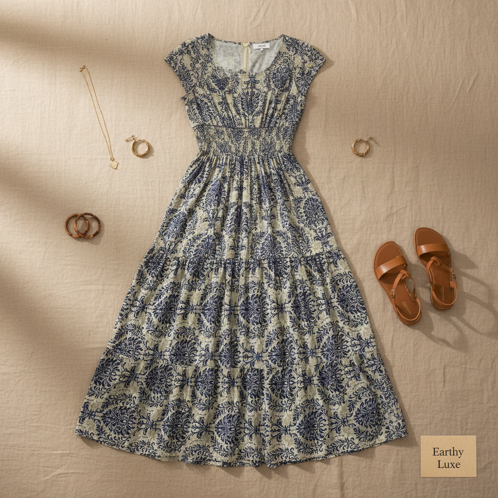 Brown Flower Printed Cap Sleeve Maxi Dress - Flat Lay