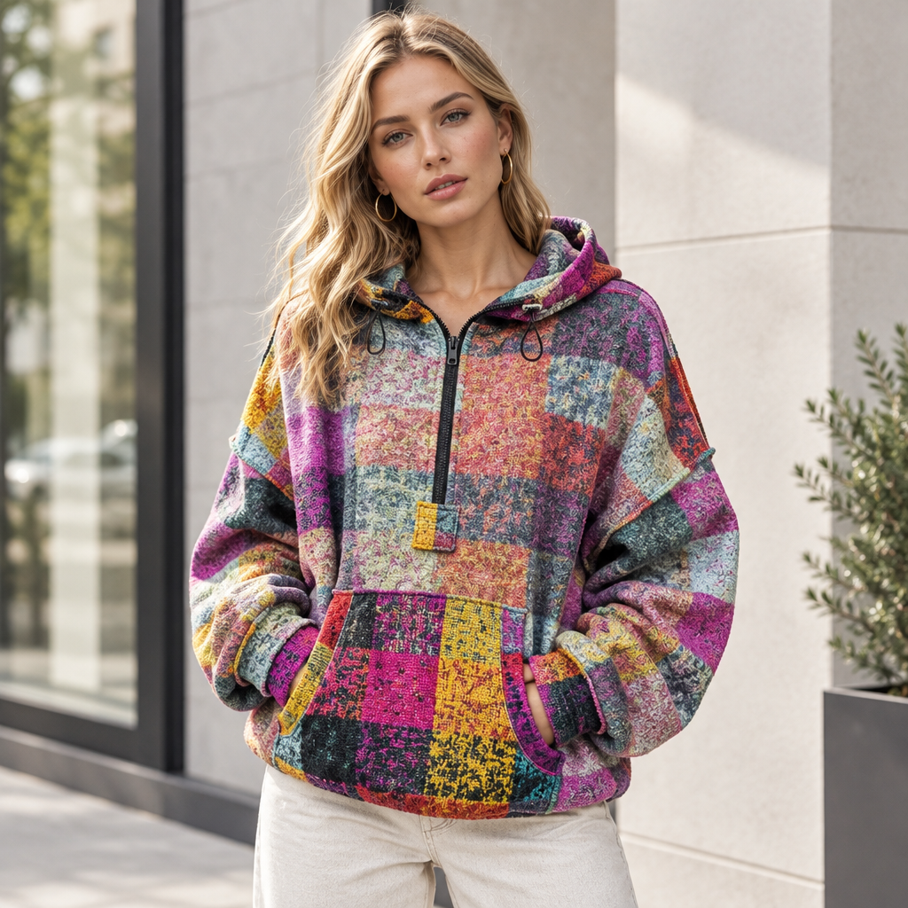 Multicolored half-zip fleece hoodie, gallery