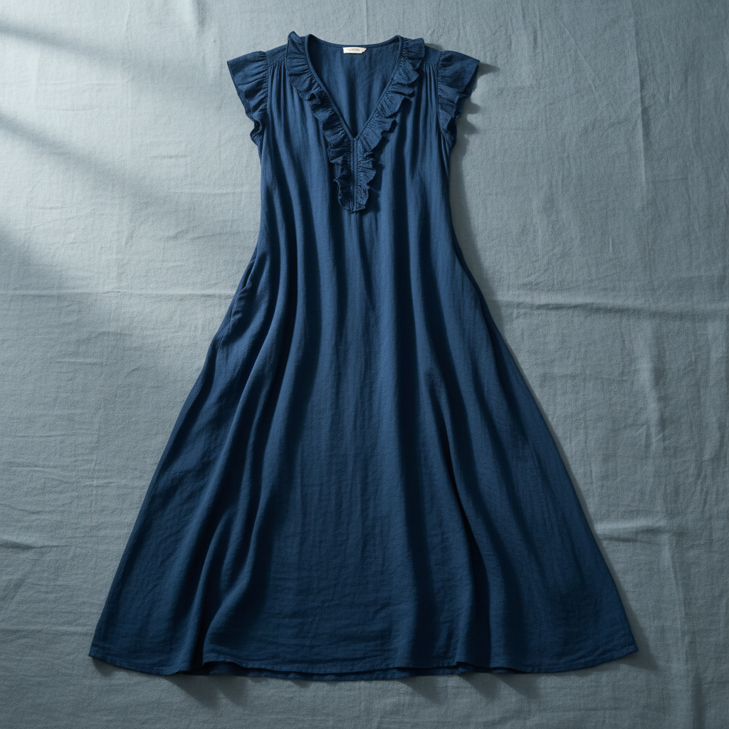 Blue Ruffled V-Neck Maxi Dress - Flat Lay