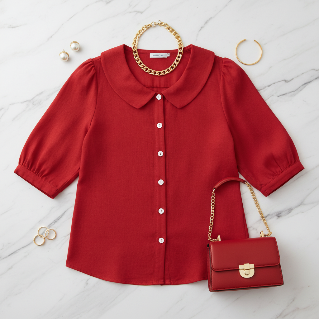 Red Peter Pan collar shirt - flat lay with accessories