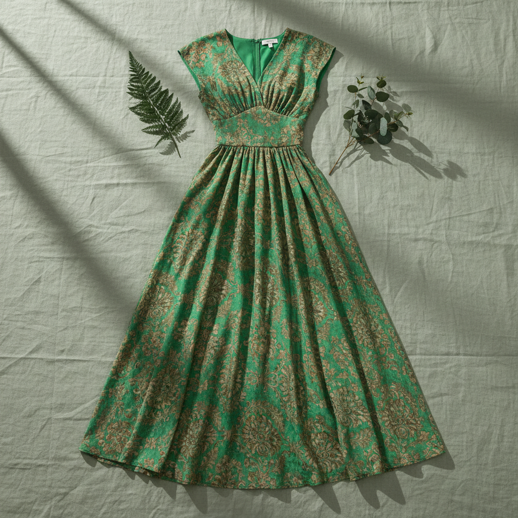 Green Flower Printed Cap Sleeve Maxi Dress - Flat Lay