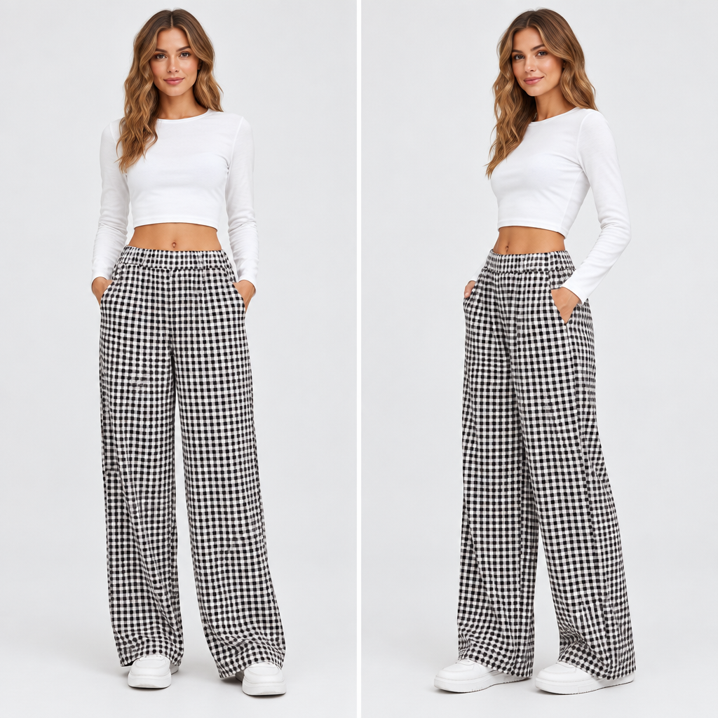 Black plaid wide-leg casual pants in a clear ecommerce product view