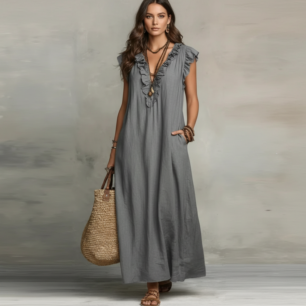 Gray Ruffled V-Neck Maxi Dress - Product Shot