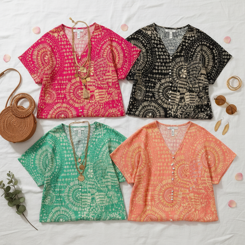 All colors flat lay - boho printed V-neck half sleeve top