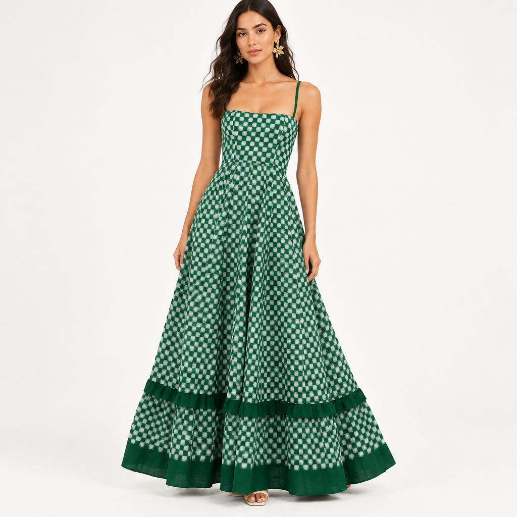 Green checkered spaghetti strap maxi dress in a clear ecommerce product view
