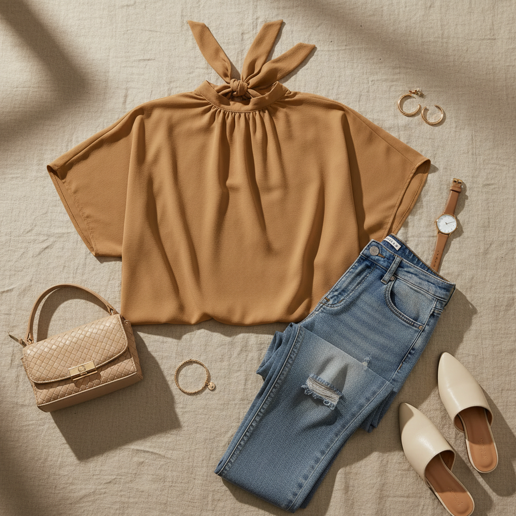 Camel Tie Back Slit Half Sleeve Blouse - Flat Lay