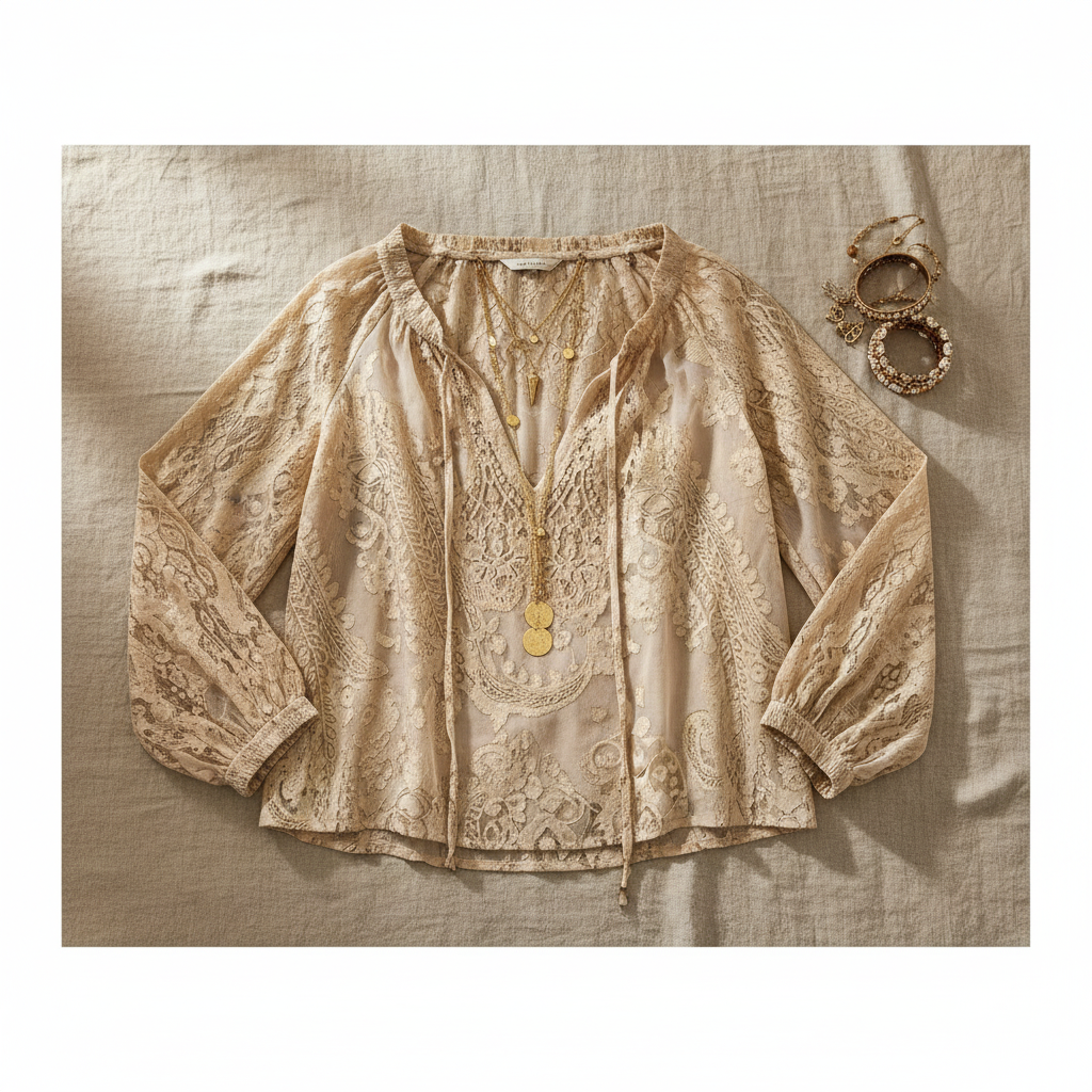 Khaki Lace Tie-Neck Blouse - Flat Lay