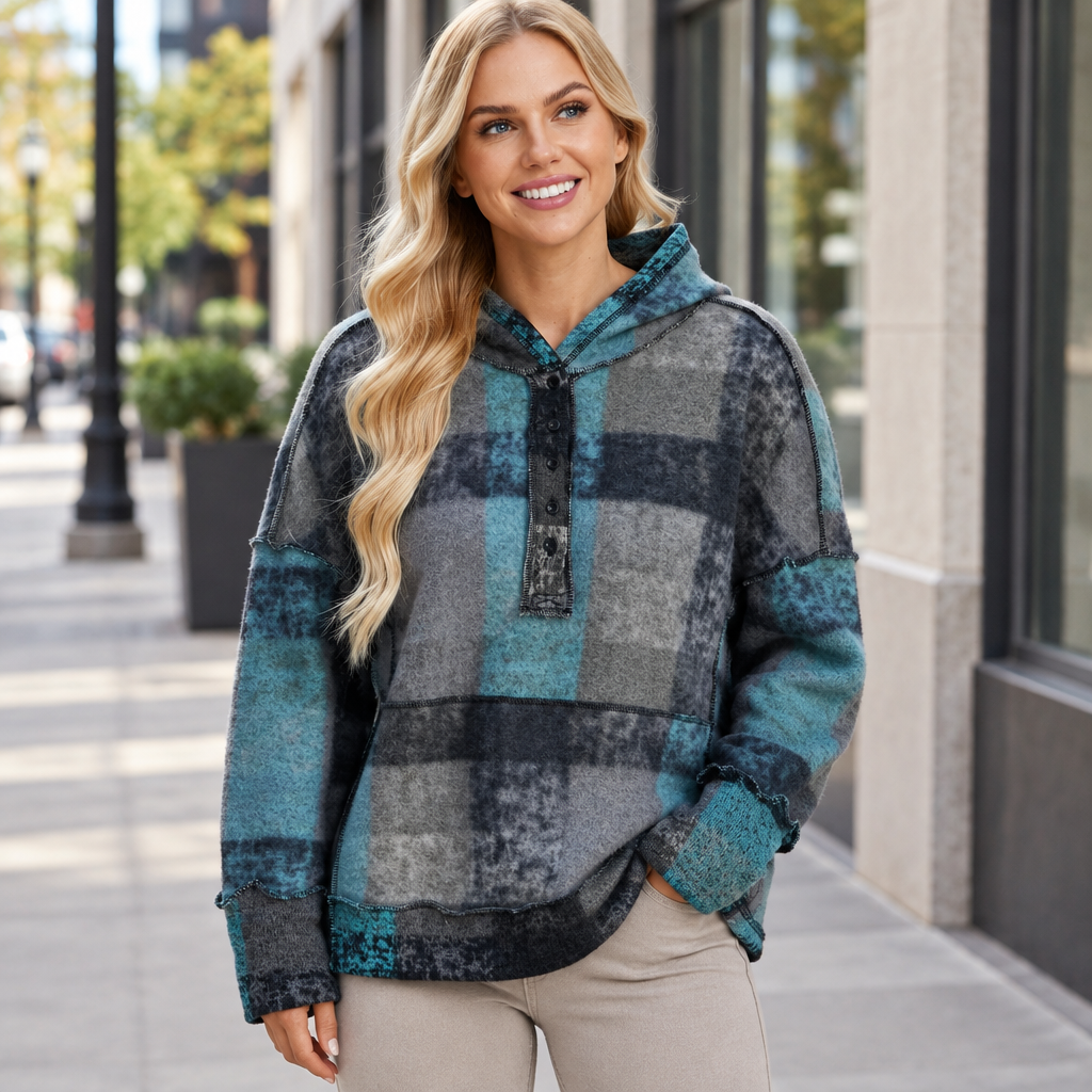 Dark gray plaid dropped-shoulder fleece hoodie, city