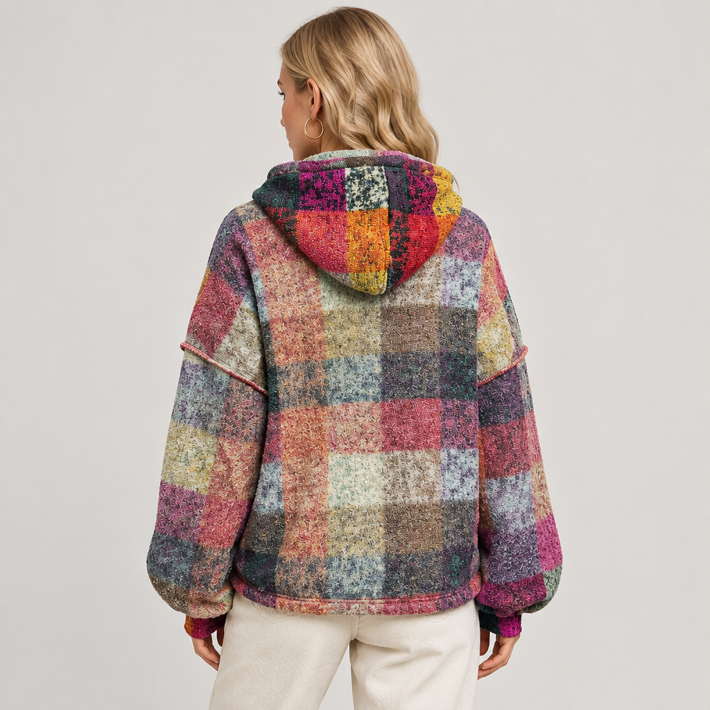 Multicolored half-zip fleece hoodie, back view