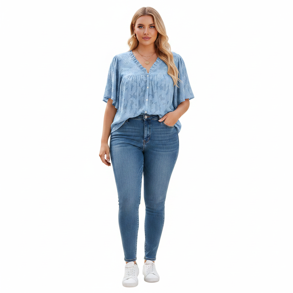 Blue textured V-neck button-down shirt - studio front view