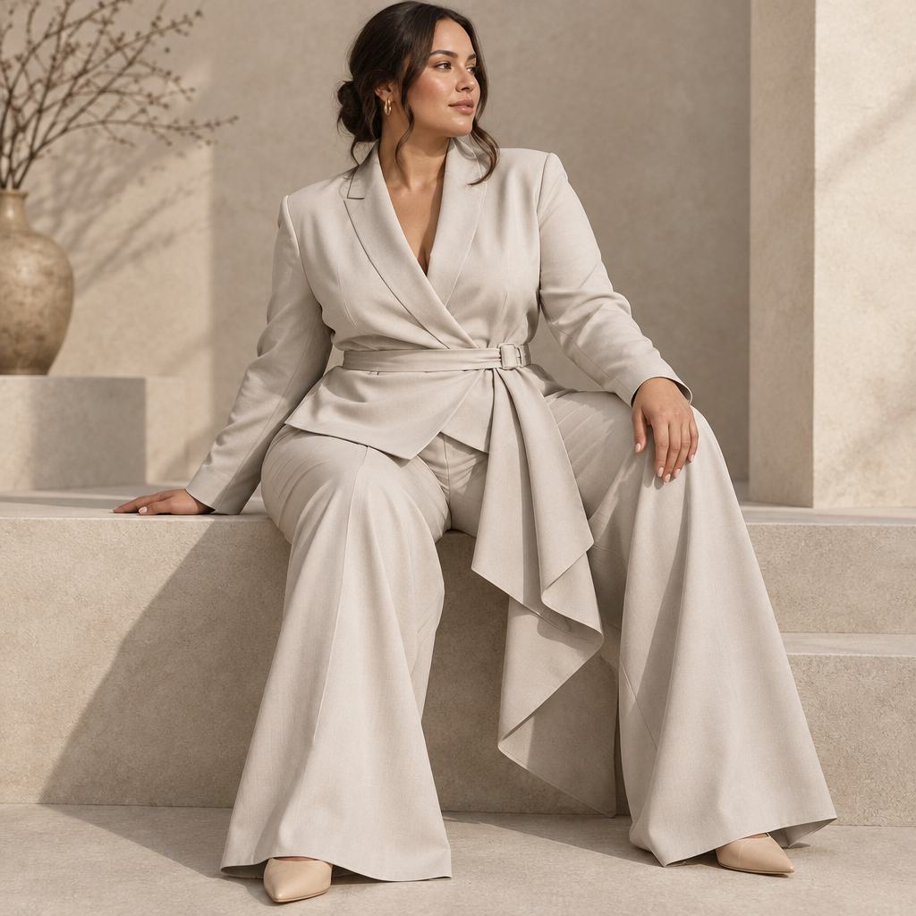 Plus-size beige belted blazer and wide-leg pants set in a seated editorial pose