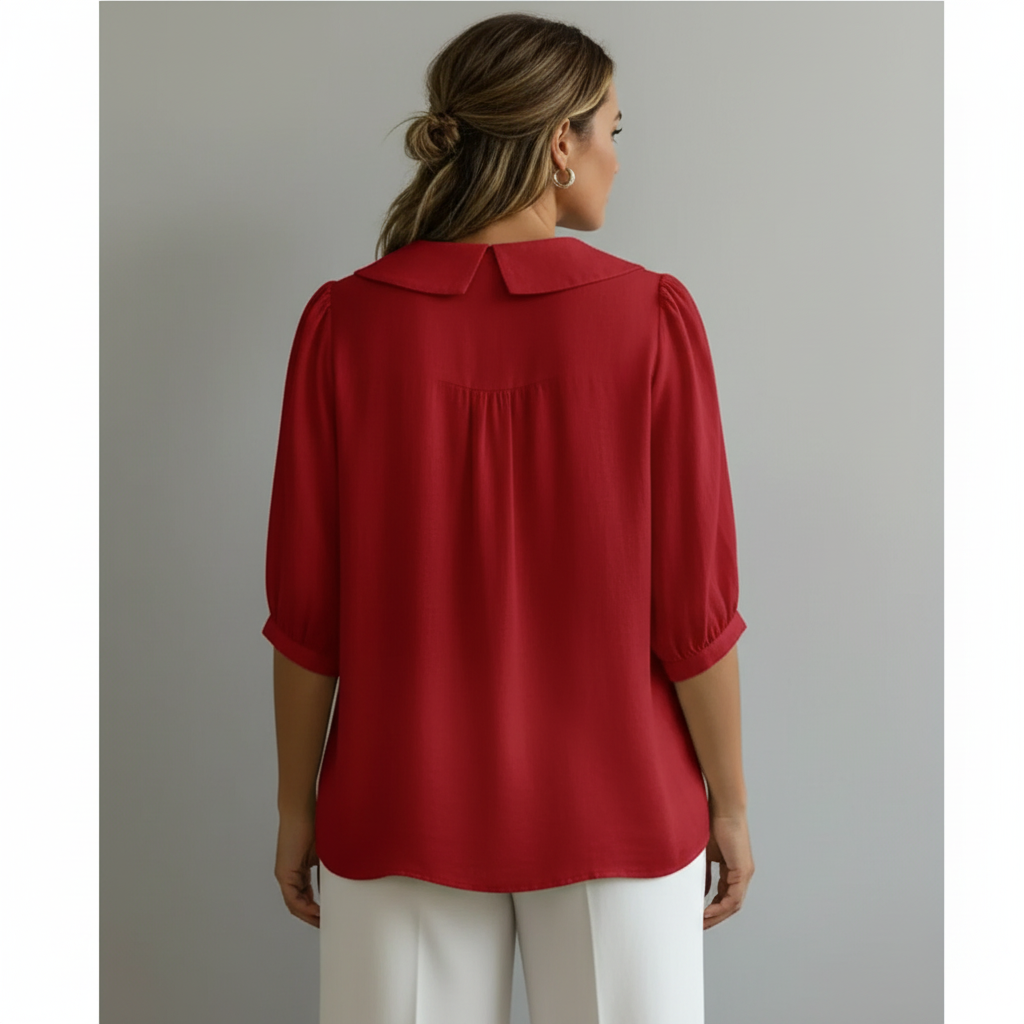 Red Peter Pan collar shirt - back view