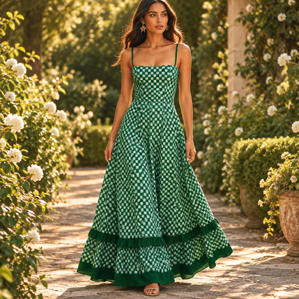 Green checkered spaghetti strap maxi dress on an elegant garden path