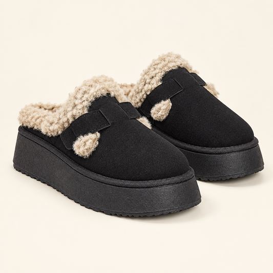 Black round toe platform slippers, studio view