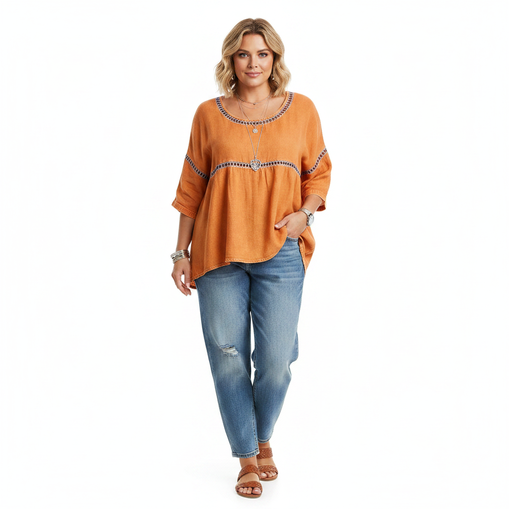 Orange boho floral hollow-out round neck top