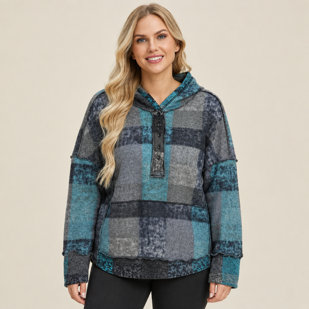Dark gray plaid dropped-shoulder fleece hoodie, front