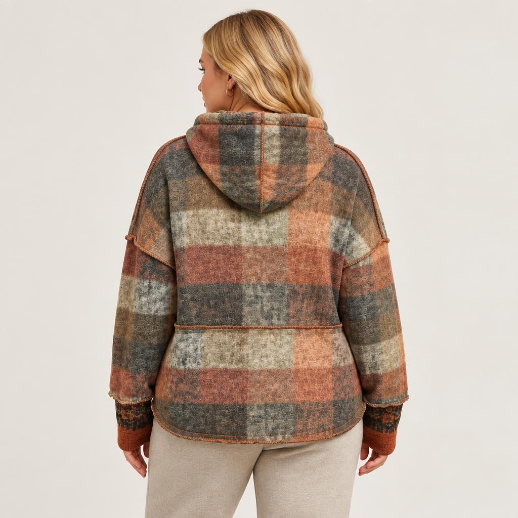 Tangerine plaid dropped-shoulder fleece hoodie, back